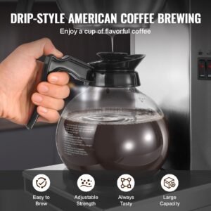 commercial drip coffee maker, 12 cups coffee maker machine with 2 glass carafes and 2 decanter warmer plates, stainless steel drip style coffee brewer, for restaurant, office, coffee shop & home