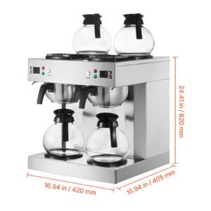 commercial drip coffee maker, 24 cups coffee maker machine with 4 glass carafes and 4 decanter warmer plates, stainless steel dual head coffee brewer, for restaurant, office, coffee shop & home