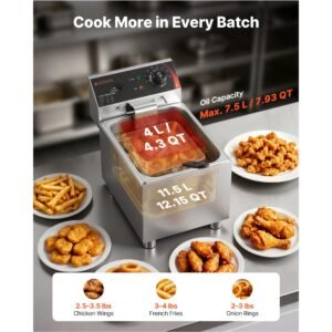 commercial electric deep fryer, 12.15 qt, 1750w stainless steel countertop fryer with basket and lid, overheat protection, temp control, adjustable feet for commercial restaurant use, silver