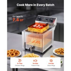 commercial electric deep fryer, oil filtration upgrade, 9.51 qt, 1750w stainless steel countertop fryer with basket and lid, temp control, oil drain valve for commercial restaurant use, silver