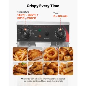 commercial electric deep fryer, oil filtration upgrade, 9.51 qt, 1750w stainless steel countertop fryer with basket and lid, temp control, oil drain valve for commercial restaurant use, silver