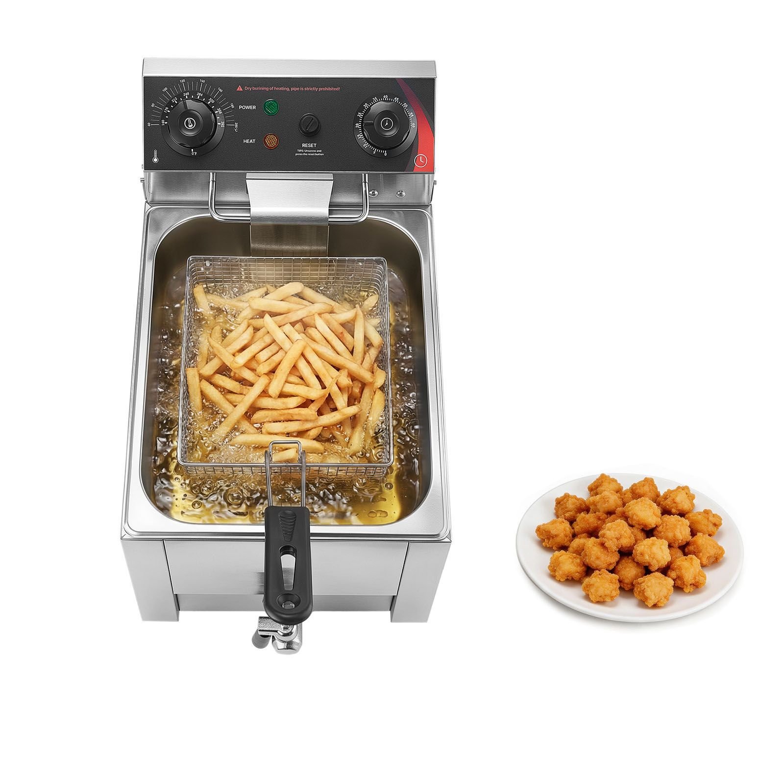 commercial electric deep fryer, oil filtration upgrade, 9.51 qt, 1750w stainless steel countertop fryer with basket and lid, temp control, oil drain valve for commercial restaurant use, silver