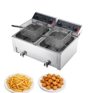 Commercial Electric Deep Fryer, Upgrade Dual Tank 19 Qt, 3500W Stainless Steel Countertop Fryer with Baskets & Lids, Temp Control, Timer, Overheat Protection, for Commercial Restaurant, Silver