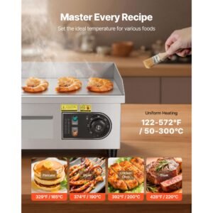 commercial electric griddle, 13.98 x 11.81 inch, 1750w, 122 570°f adjustable temp control, stainless steel countertop flat top grill with 2 spatulas and 2 brushes, for steak, pancake, squid