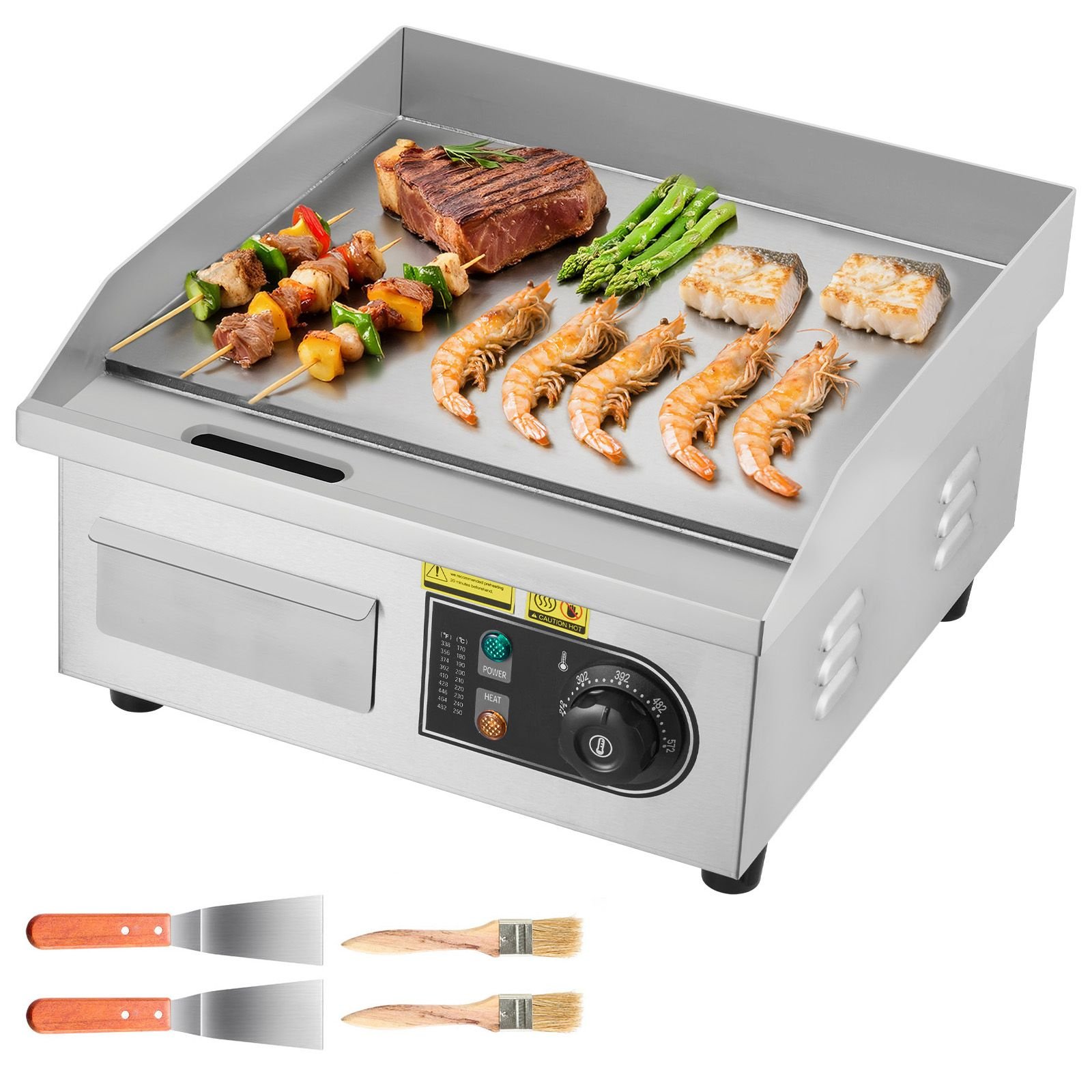 commercial electric griddle, 13.98 x 11.81 inch, 1750w, 122 570°f adjustable temp control, stainless steel countertop flat top grill with 2 spatulas and 2 brushes, for steak, pancake, squid