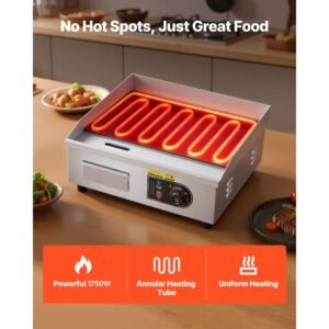 commercial electric griddle, 17.72 x 11.81 inch, 1750w, 122 570°f adjustable temp control, stainless steel countertop flat top grill with 2 spatulas, 2 brushes, and 4 foot pads, for steak