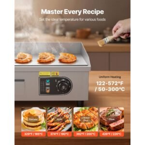 commercial electric griddle, 17.72 x 11.81 inch, 1750w, 122 570°f adjustable temp control, stainless steel countertop flat top grill with 2 spatulas, 2 brushes, and 4 foot pads, for steak