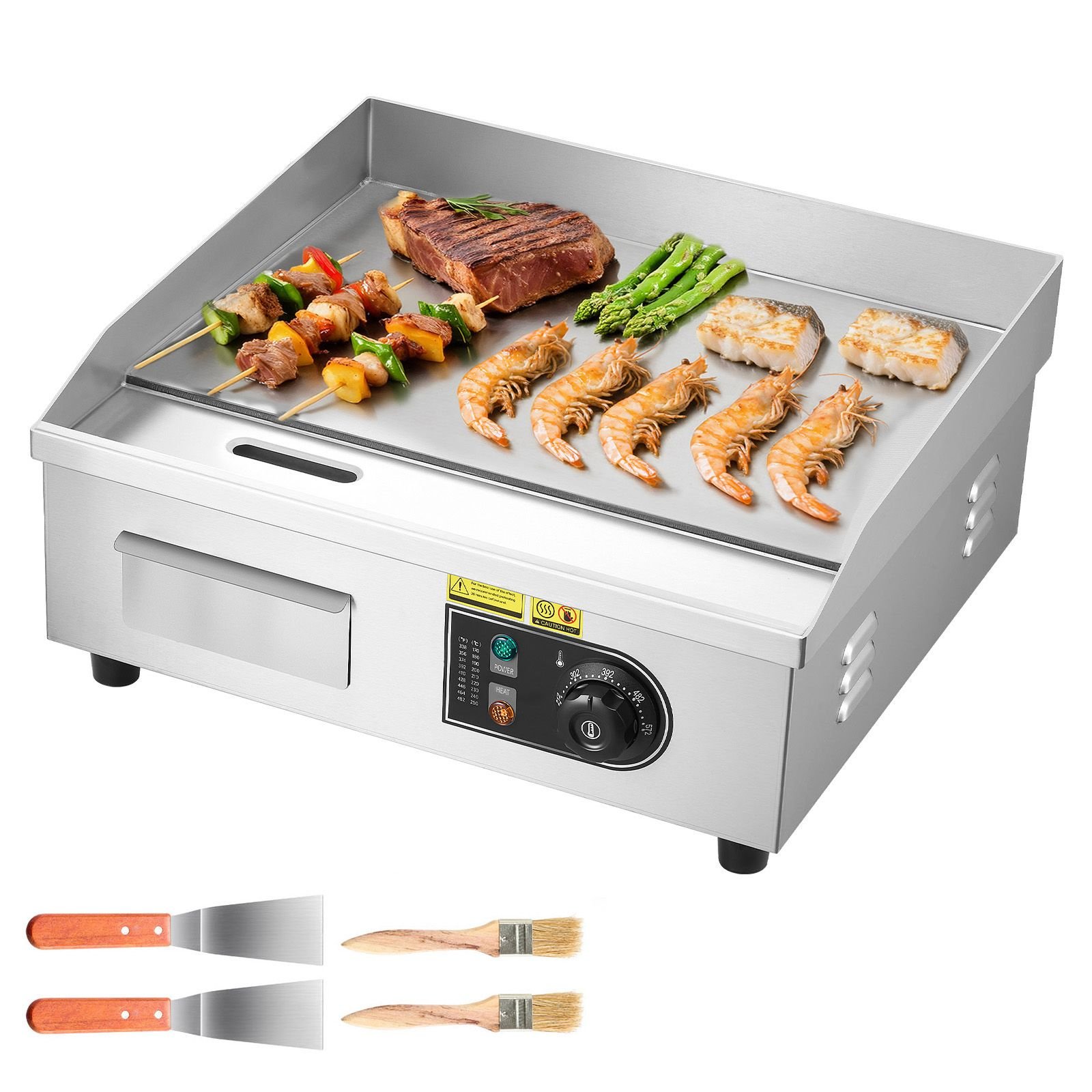 commercial electric griddle, 17.72 x 11.81 inch, 1750w, 122 570°f adjustable temp control, stainless steel countertop flat top grill with 2 spatulas, 2 brushes, and 4 foot pads, for steak