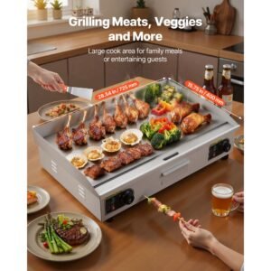 commercial electric griddle, 28.54 x 15.75 in, 2800w, 122 570°f adjustable temp control, stainless steel countertop flat top grill with 2 spatulas, 2 brushes, and 4 foot pads, for steak