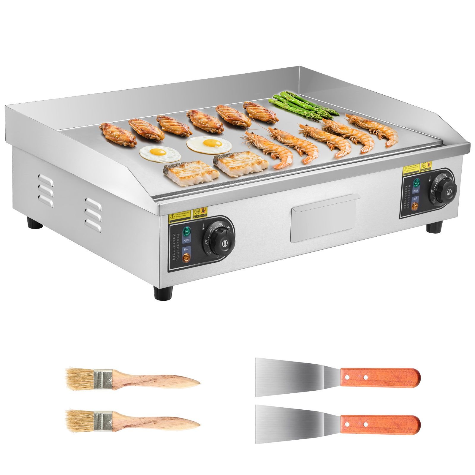 commercial electric griddle, 28.54 x 15.75 in, 2800w, 122 570°f adjustable temp control, stainless steel countertop flat top grill with 2 spatulas, 2 brushes, and 4 foot pads, for steak