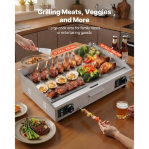commercial electric griddle, 28.54 x 15.75 in, 2800w, 122 570°f adjustable temp control, stainless steel, half grooved half flat, with 2 spatulas, 2 brushes, and 4 foot pads, for steak(no plug)