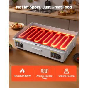 commercial electric griddle, 28.54 x 15.75 in, 2800w, 122 570°f adjustable temp control, stainless steel, half grooved half flat, with 2 spatulas, 2 brushes, and 4 foot pads, for steak(no plug)