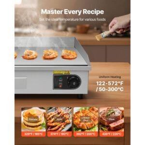 commercial electric griddle, 28.54 x 15.75 in, 2800w, 122 570°f adjustable temp control, stainless steel, half grooved half flat, with 2 spatulas, 2 brushes, and 4 foot pads, for steak(no plug)