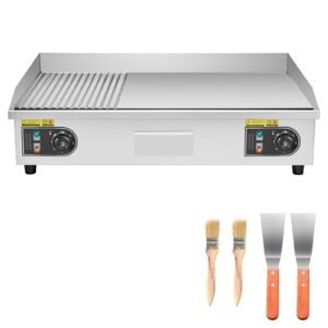 Commercial Electric Griddle, 28.54 x 15.75 in, 2800W, 122-570°F Adjustable Temp Control, Stainless Steel, Half Grooved Half Flat, with 2 Spatulas, 2 Brushes, and 4 Foot Pads, for Steak(NO PLUG)