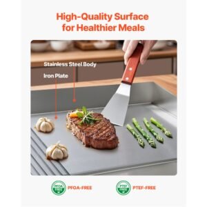 commercial electric griddle, 28.54 x 15.75 in, 2800w, 122 570°f adjustable temp control, stainless steel, half grooved half flat, with 2 spatulas, 2 brushes, and 4 foot pads, for steak(no plug)