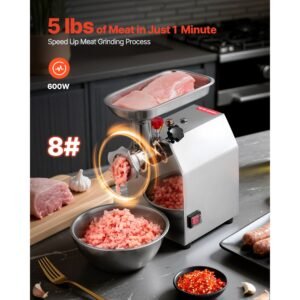 commercial electric meat grinder, 5 lbs/min capacity, #8 industrial meat mincer with 2 stainless steel blades, 2 grinding plates, 600w heavy duty sausage maker stuffer, for kitchen, restaurant