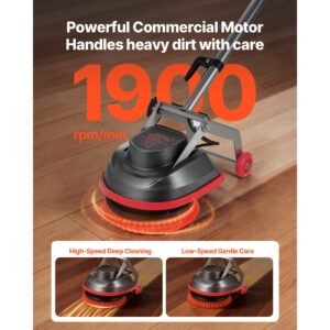 commercial floor scrubber machine, heavy duty floor cleaner polisher with 2 wheels, professional electric carpet buffer, max 1900 rpm, 43 ft cord, 3 pads & 3 brushes all floor surfaces