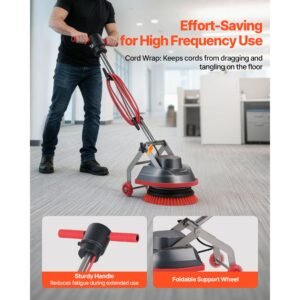 commercial floor scrubber machine, heavy duty floor cleaner polisher with 2 wheels, professional electric carpet buffer, max 1900 rpm, 43 ft cord, 3 pads & 3 brushes all floor surfaces
