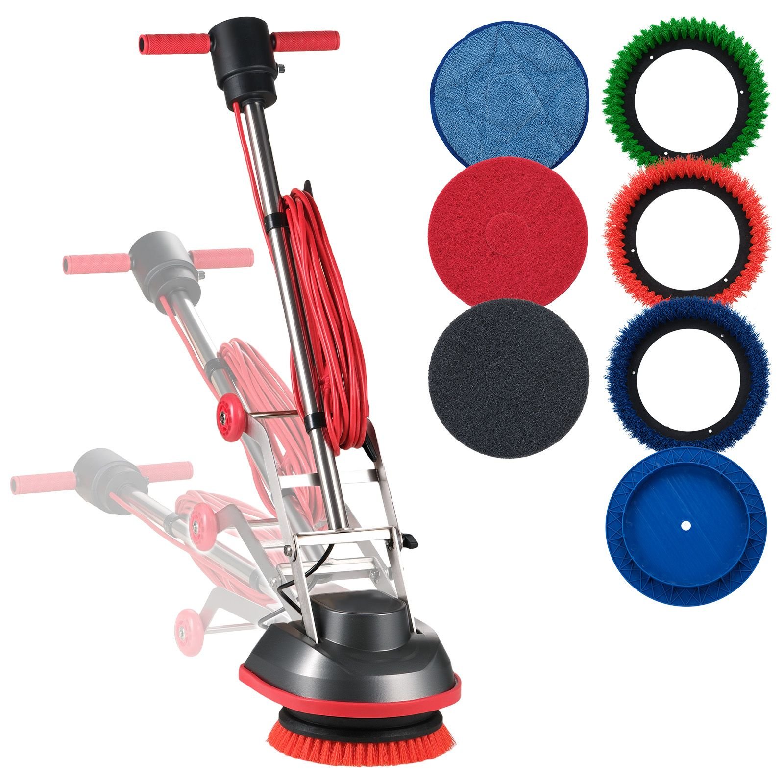 commercial floor scrubber machine, heavy duty floor cleaner polisher with 2 wheels, professional electric carpet buffer, max 1900 rpm, 43 ft cord, 3 pads & 3 brushes all floor surfaces