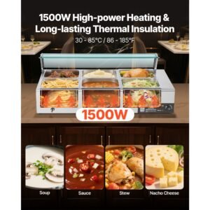 commercial food warmer, 1500w electric stainless steel steam food warmer with glass cover, 6 x 1/2 size pans buffet bain marie with soup & perforated ladles, for catering, restaurant & party