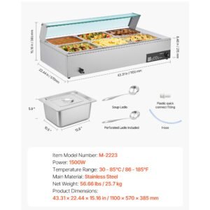 commercial food warmer, 1500w electric stainless steel steam food warmer with glass cover, 6 x 1/2 size pans buffet bain marie with soup & perforated ladles, for catering, restaurant & party