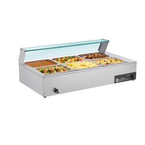 Commercial Food Warmer, 1500W Electric Stainless Steel Steam Food Warmer with Glass Cover, 6 x 1/2 Size Pans Buffet Bain Marie with Soup & Perforated Ladles, for Catering, Restaurant & Party