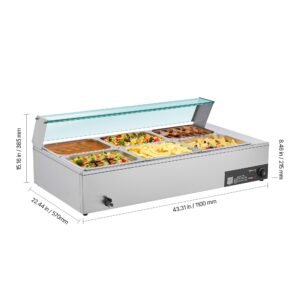 commercial food warmer, 1500w electric stainless steel steam food warmer with glass cover, 6 x 1/2 size pans buffet bain marie with soup & perforated ladles, for catering, restaurant & party