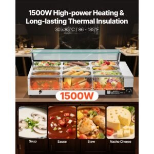 commercial food warmer, 1500w electric stainless steel steam food warmer with glass cover, 9 pan countertop buffet bain marie with soup & perforated ladles, for catering, restaurant & party