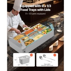commercial food warmer, 1500w electric stainless steel steam food warmer with glass cover, 9 pan countertop buffet bain marie with soup & perforated ladles, for catering, restaurant & party