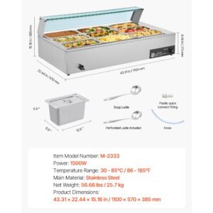 commercial food warmer, 1500w electric stainless steel steam food warmer with glass cover, 9 pan countertop buffet bain marie with soup & perforated ladles, for catering, restaurant & party