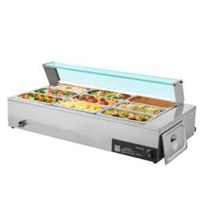 commercial food warmer, 1500w electric stainless steel steam food warmer with glass cover, 9 pan countertop buffet bain marie with soup & perforated ladles, for catering, restaurant & party