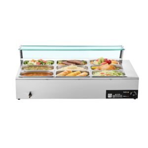 commercial food warmer, 1500w electric stainless steel steam food warmer with glass cover, 9 pan countertop buffet bain marie with soup & perforated ladles, for catering, restaurant & party