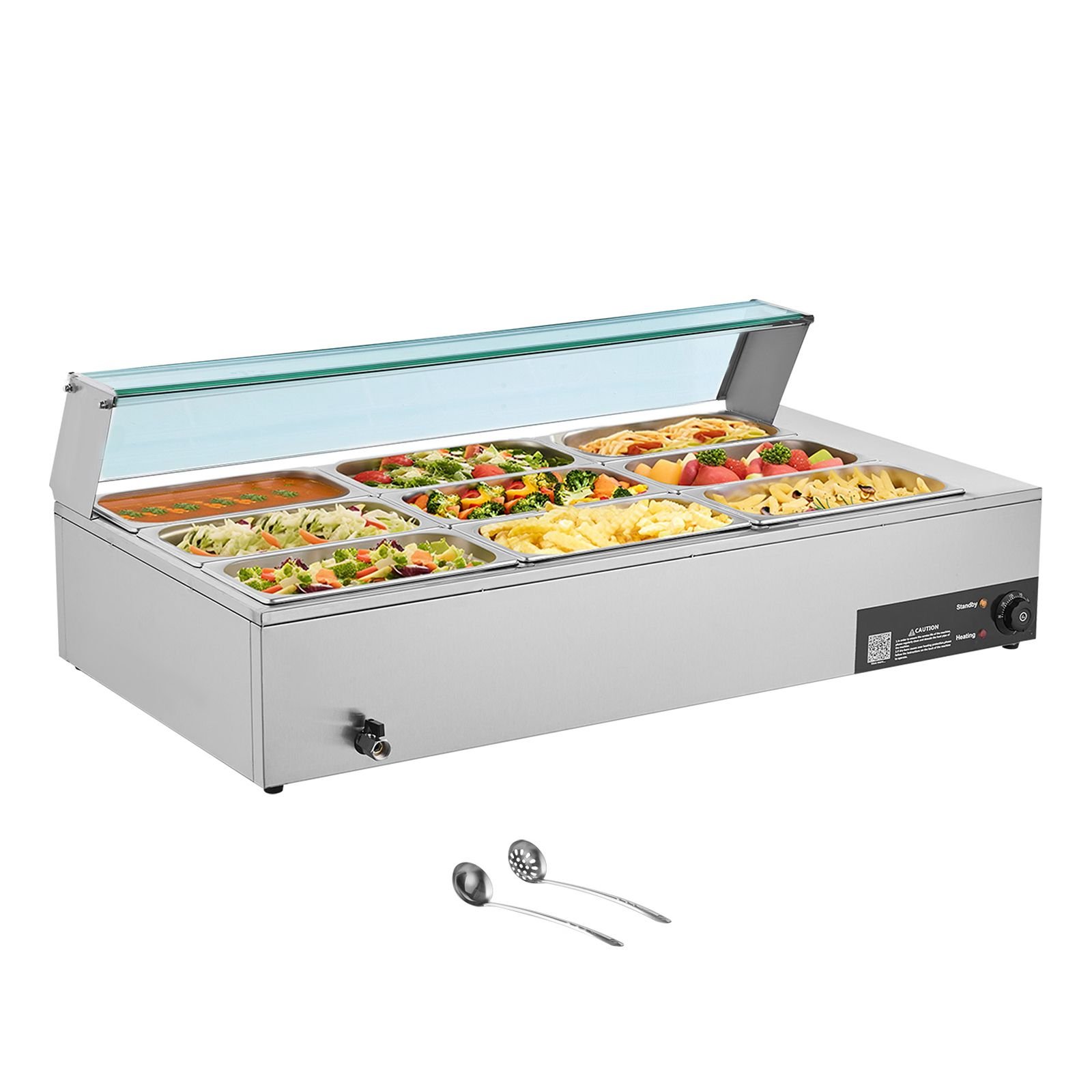 commercial food warmer, 1500w electric stainless steel steam food warmer with glass cover, 9 pan countertop buffet bain marie with soup & perforated ladles, for catering, restaurant & party