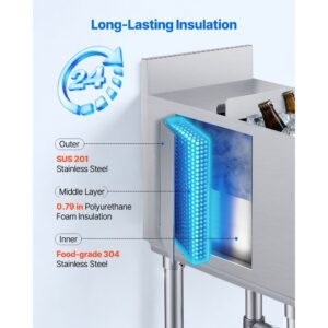 commercial ice bin, 29.6 qt max capacity, 12 x 19 x 33 inch stainless steel ice chest with sliding lid and bottle holders, cooler cart cocktail unit for bar restaurant pub, nsf certified