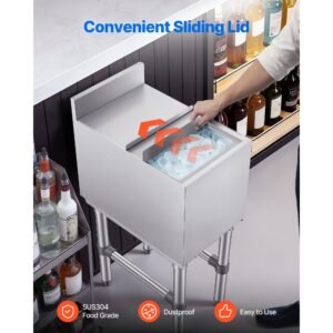 commercial ice bin, 29.6 qt max capacity, 12 x 19 x 33 inch stainless steel ice chest with sliding lid and bottle holders, cooler cart cocktail unit for bar restaurant pub, nsf certified