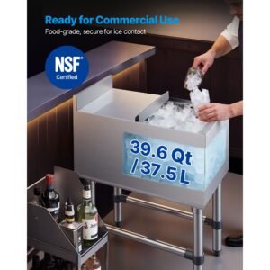 commercial ice bin, 39.6 qt max capacity, 12 x 24 x 33 inch stainless steel ice chest with sliding lid, 24h long lasting insulation, cooler cart cocktail unit for bar restaurant pub, nsf