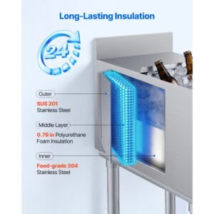 commercial ice bin, 39.6 qt max capacity, 12 x 24 x 33 inch stainless steel ice chest with sliding lid, 24h long lasting insulation, cooler cart cocktail unit for bar restaurant pub, nsf