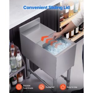 commercial ice bin, 39.6 qt max capacity, 12 x 24 x 33 inch stainless steel ice chest with sliding lid, 24h long lasting insulation, cooler cart cocktail unit for bar restaurant pub, nsf