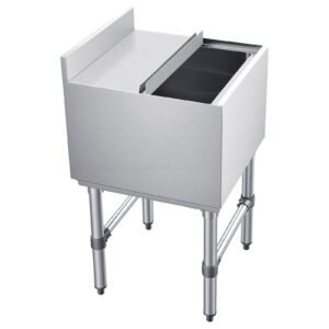 Commercial Ice Bin, 49.4 Qt Max Capacity, 18 x 18 x 33 Inch Stainless Steel Ice Chest with Sliding Lid and Bottle Holders, Cooler Cart Cocktail Unit for Bar Restaurant Pub, NSF Certified
