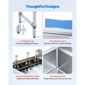 commercial ice bin, 49.4 qt max capacity, 18 x 18 x 33 inch stainless steel ice chest with sliding lid and bottle holders, cooler cart cocktail unit for bar restaurant pub, nsf certified