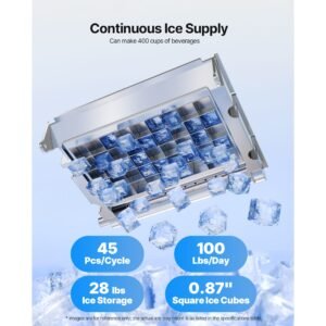 commercial ice maker machine, 100 lbs/24h with 28lbs storage, 45 cubes per cycle, stainless steel freestanding & under counter ice maker with led display & self cleaning, for home bar restaurant