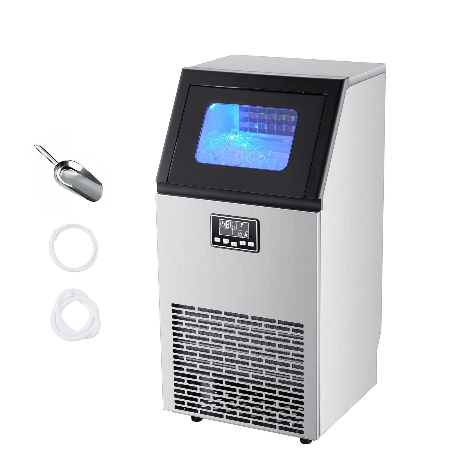 commercial ice maker machine, 100 lbs/24h with 28lbs storage, 45 cubes per cycle, stainless steel freestanding & under counter ice maker with led display & self cleaning, for home bar restaurant