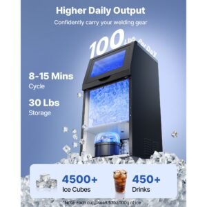 commercial ice maker machine, 100 lbs/24h with 30 lbs storage capacity, built in/freestanding/under counter, stainless steel ice maker with led display & self cleaning, for home bar restaurant