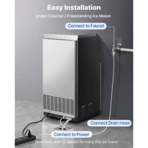 commercial ice maker machine, 100 lbs/24h with 30 lbs storage capacity, built in/freestanding/under counter, stainless steel ice maker with led display & self cleaning, for home bar restaurant