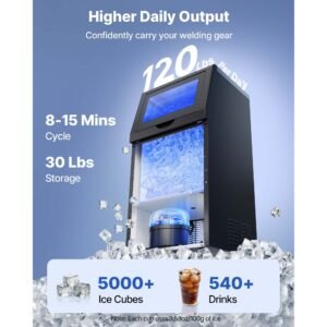 commercial ice maker machine, 120 lbs/24h with 30 lbs storage capacity, built in/freestanding/under counter, stainless steel ice maker with led display & self cleaning, for home bar restaurant
