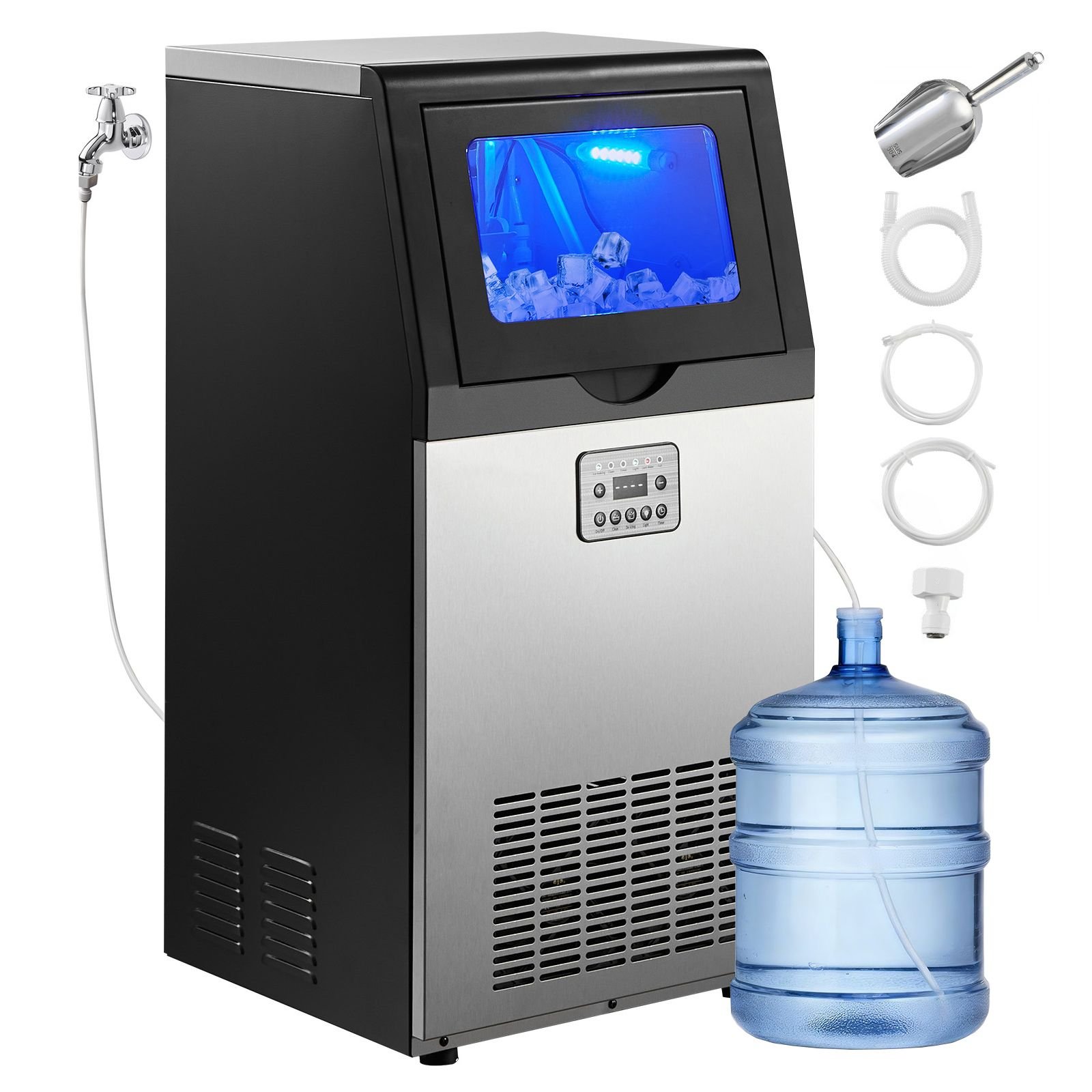 commercial ice maker machine, 120 lbs/24h with 30 lbs storage capacity, built in/freestanding/under counter, stainless steel ice maker with led display & self cleaning, for home bar restaurant