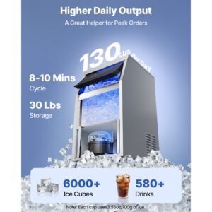 commercial ice maker machine, 130 lbs/24h with 30 lbs storage capacity, built in/freestanding/under counter, stainless steel ice maker with led display & self cleaning, for home bar restaurant