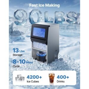 commercial ice maker machine, 90 lbs/24h with 13 lbs storage capacity, countertop/freestanding/under counter, stainless steel ice maker with led display & self cleaning, for home bar restaurant