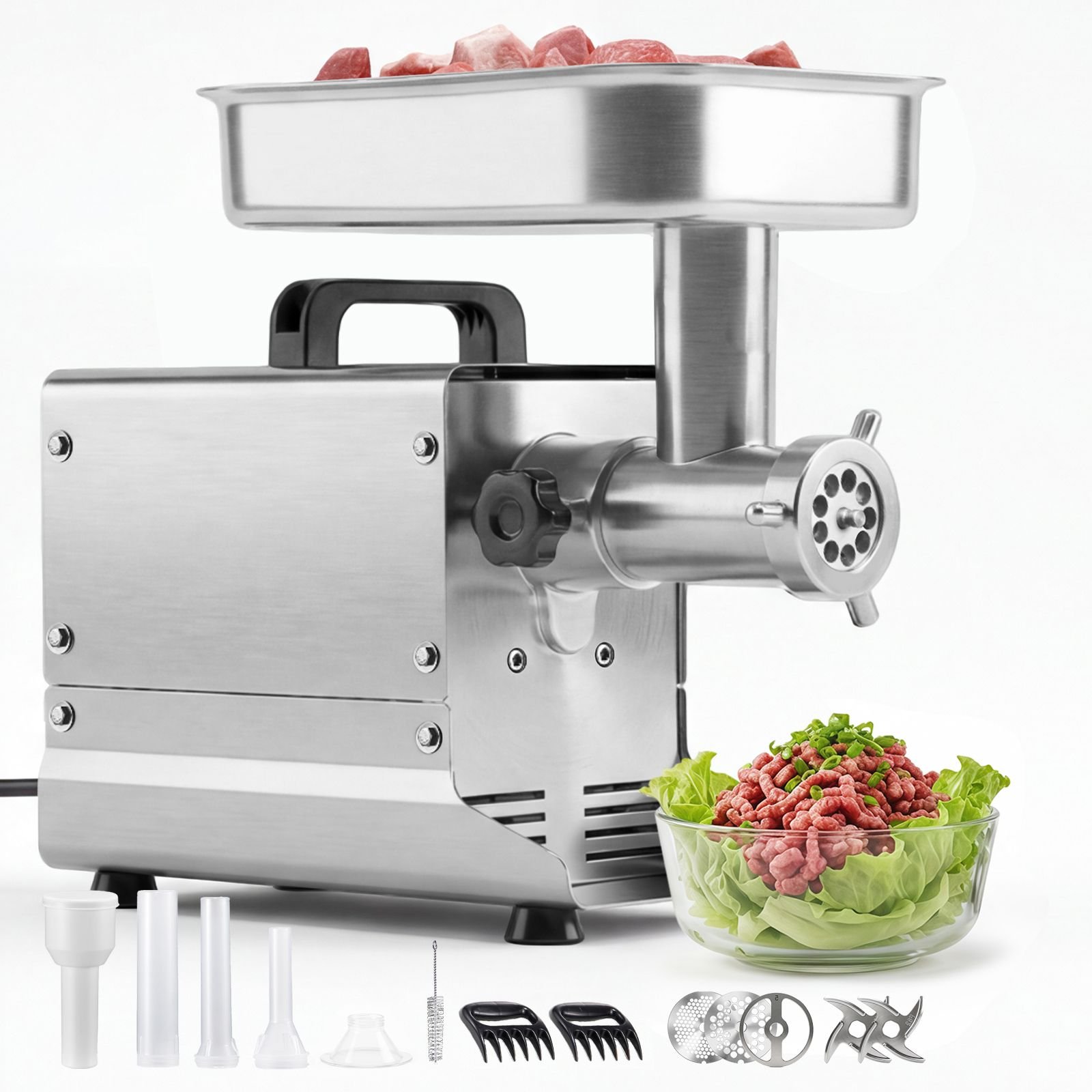 commercial meat grinder, 5 lbs/min capacity, #5 electric meat mincer with 3 plates, 3 sausage stuffing tubes, 350w/0.5hp stainless steel sausage maker for home kitchens & restaurants, etl listed