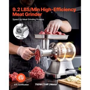 commercial meat grinder, 9.2 lbs/min capacity, #12 electric meat mincer with 2 plates, 3 sausage stuffing tubes & kibbe kit, 750w/1hp sausage maker for home kitchens & restaurants, etl listed